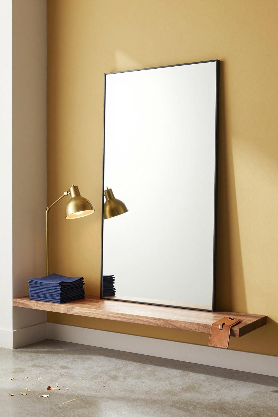 Wall mirror ideas living room with oversized frameless mirror propped against mustard yellow ochre wall