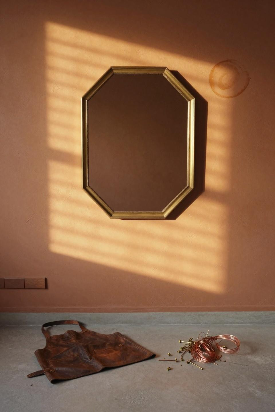 Mirror wall decor with octagonal antiqued brass frame on textured clay-rose venetian plaster wall