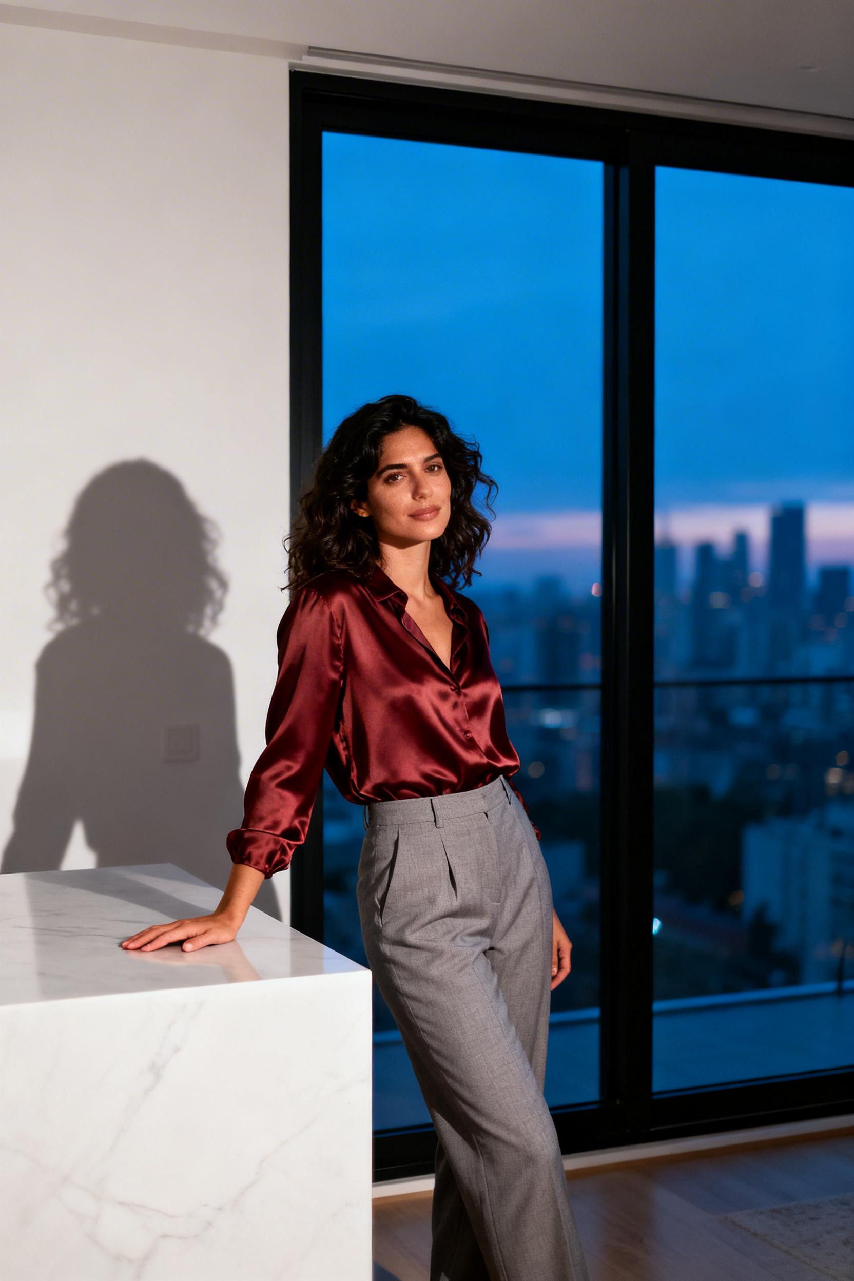 Grey Formal Pants Outfit Woman - burgundy shell grey pants evening