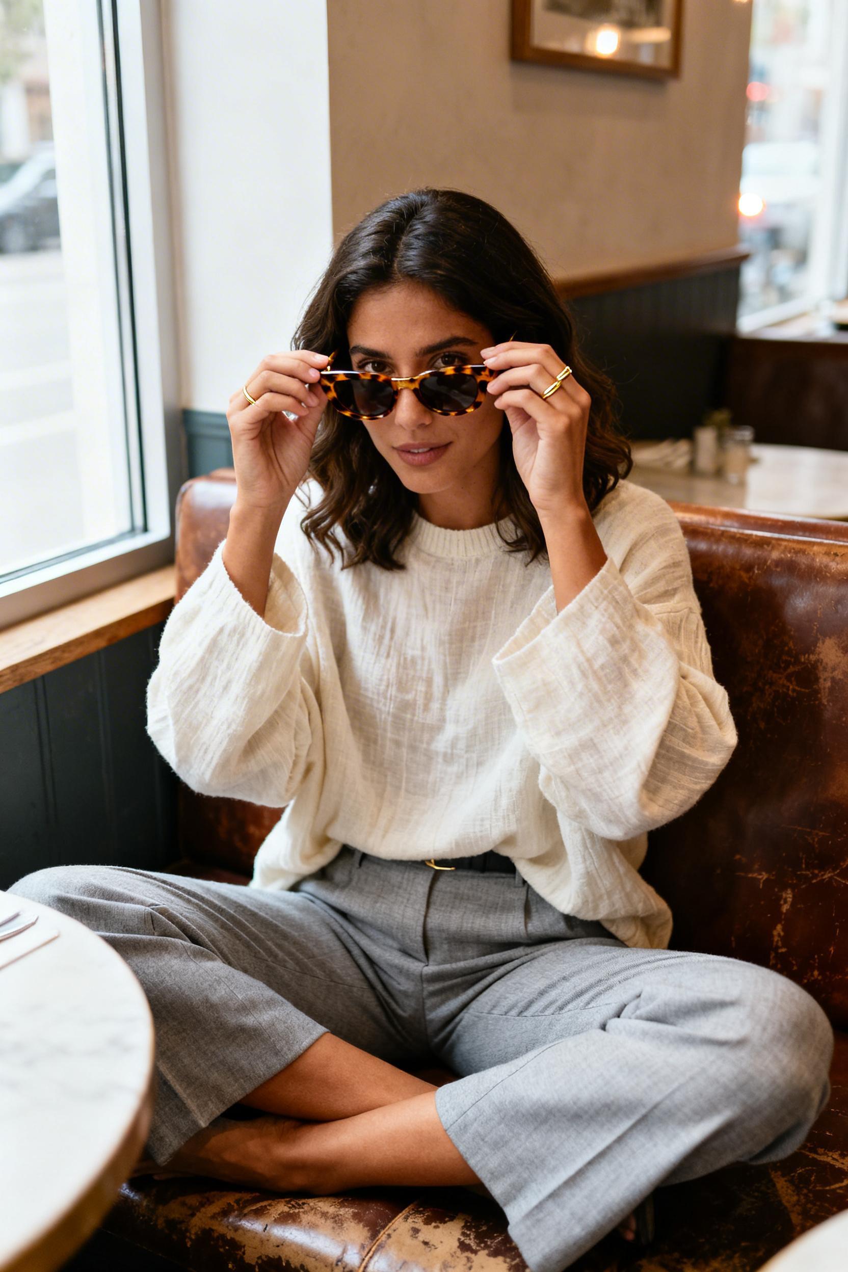 Light Gray Trousers Outfit - cream sweater light grey pants casual