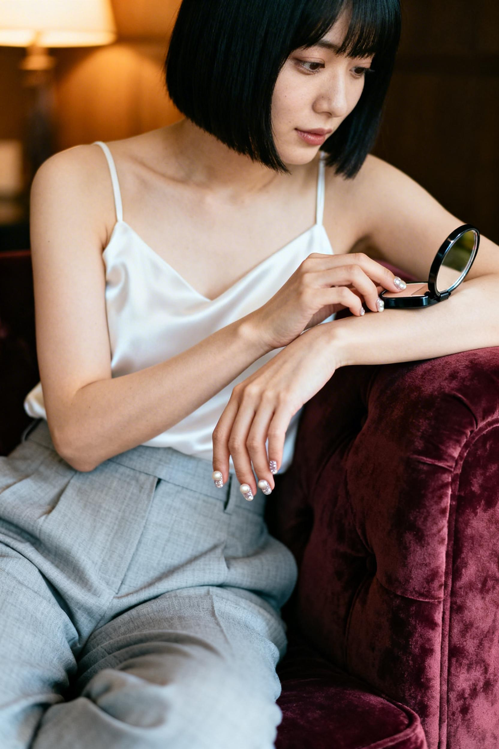 Grey Trousers Outfit Women Work Attire - white camisole grey pants