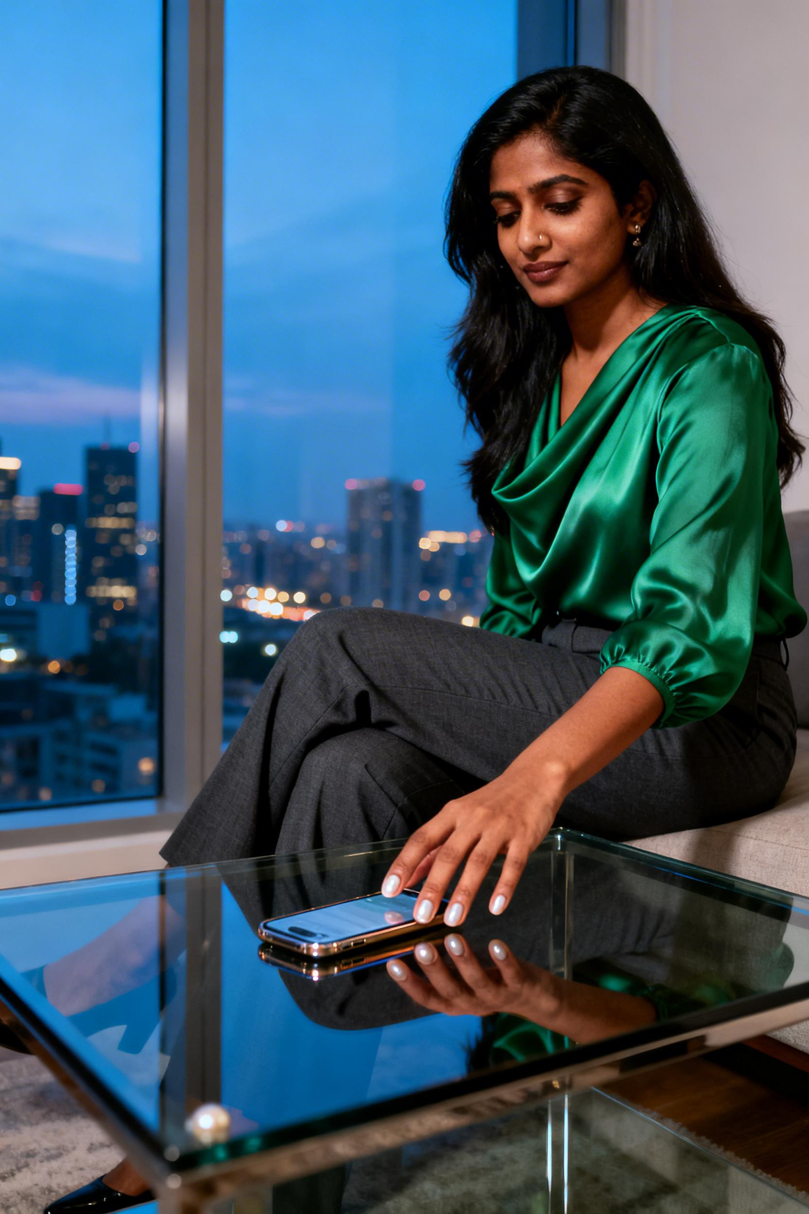 Grey Classic Pants Outfit - emerald blouse charcoal pants