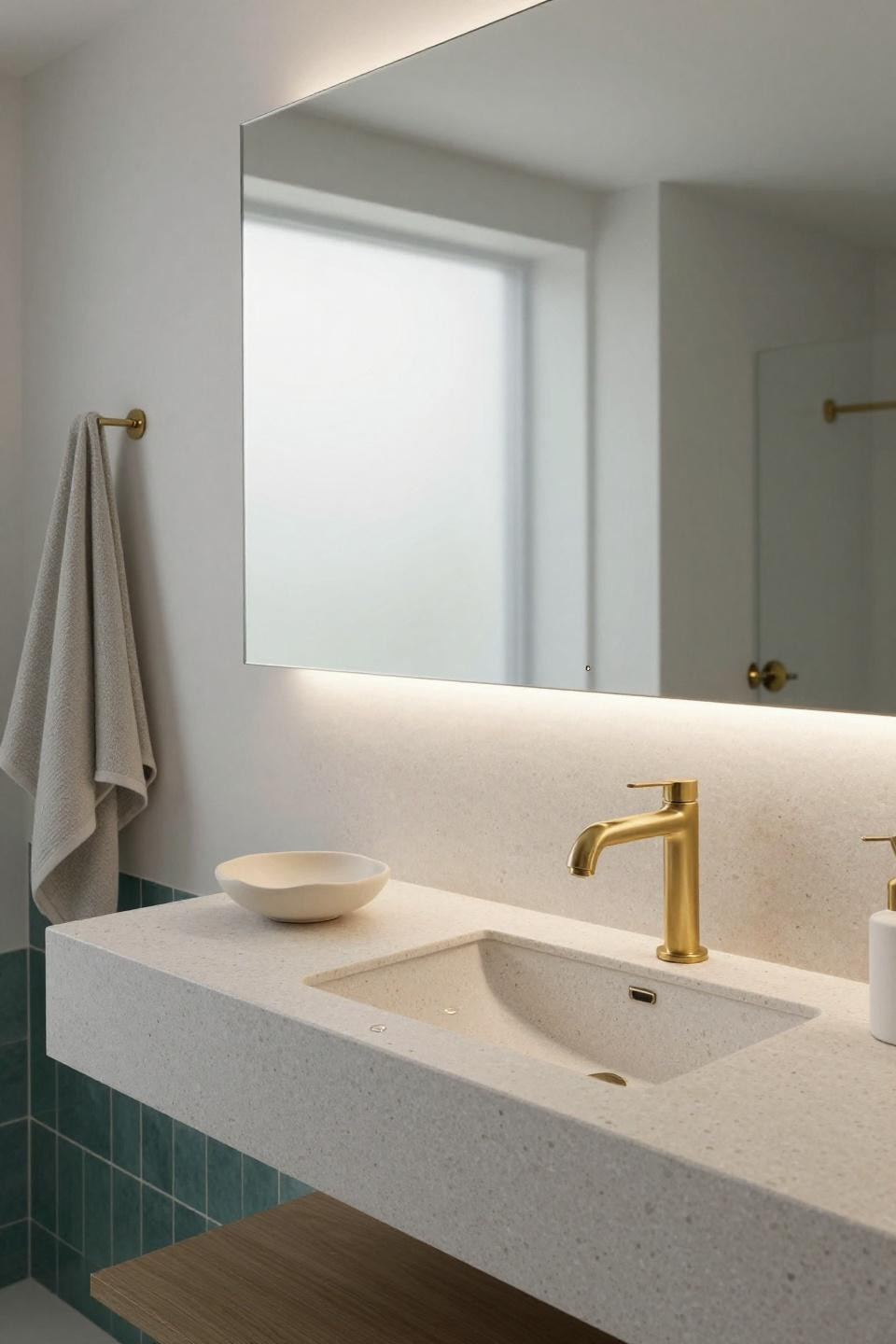 Bathroom mirror lighting with floor-to-ceiling frameless mirror above pale terrazzo vanity