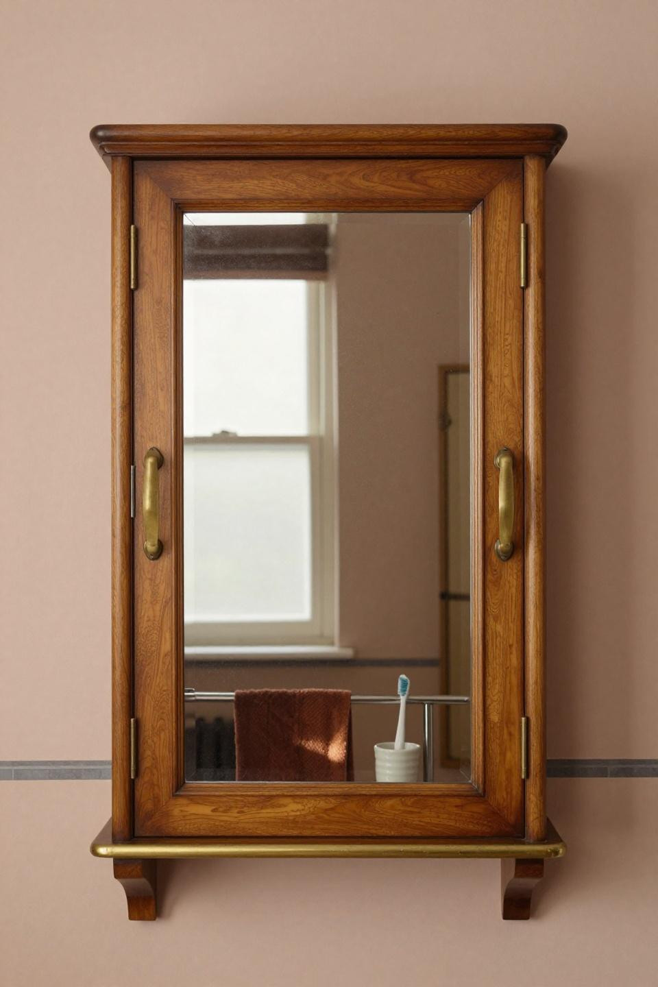 Bathroom mirror lighting with 1920s walnut medicine cabinet and authentic wavy mirror glass