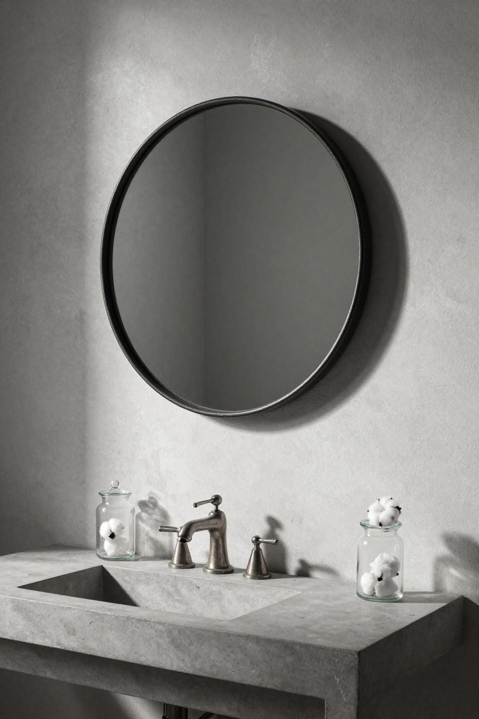 Bathroom mirror lighting with sunken circular mirror in blackened steel frame on raw plaster