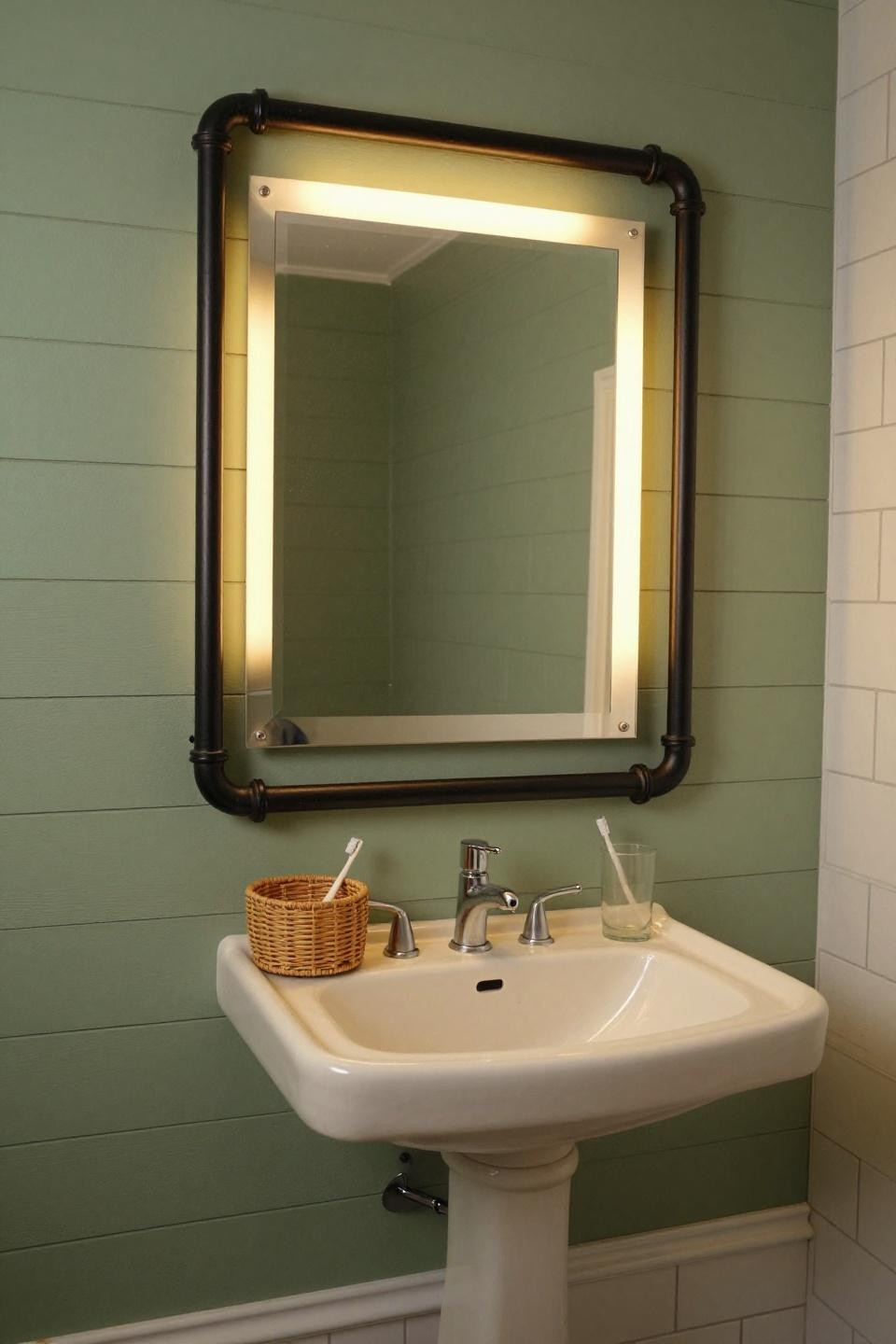Bathroom mirror lighting with industrial black pipe grid frame on sage green shiplap
