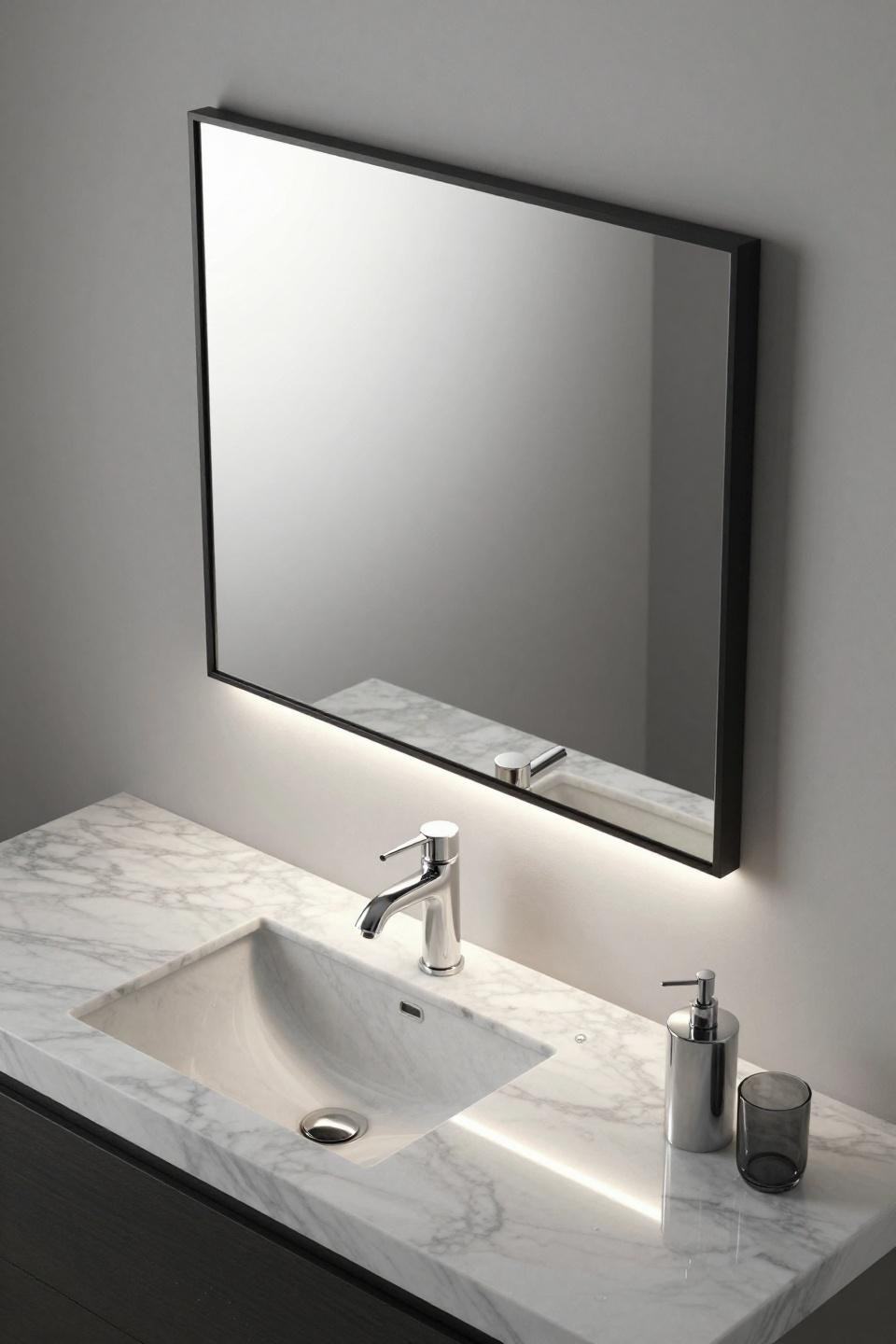 Bathroom mirror lighting with matte black frame and LED strip beneath Carrara marble
