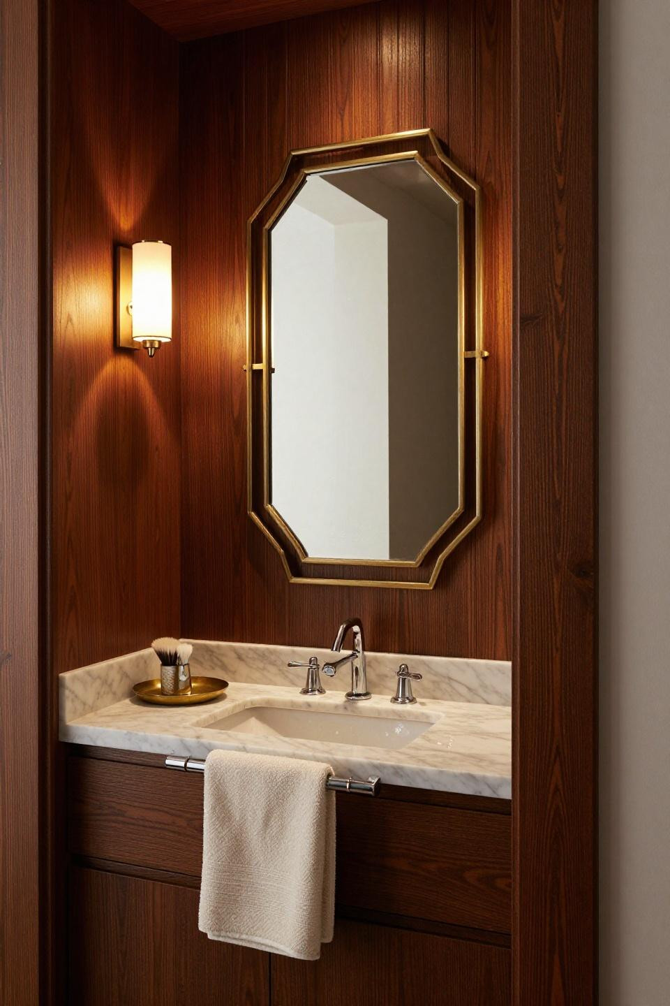 Bathroom mirror lighting with Art Deco brass frame on deep navy fluted oak paneling