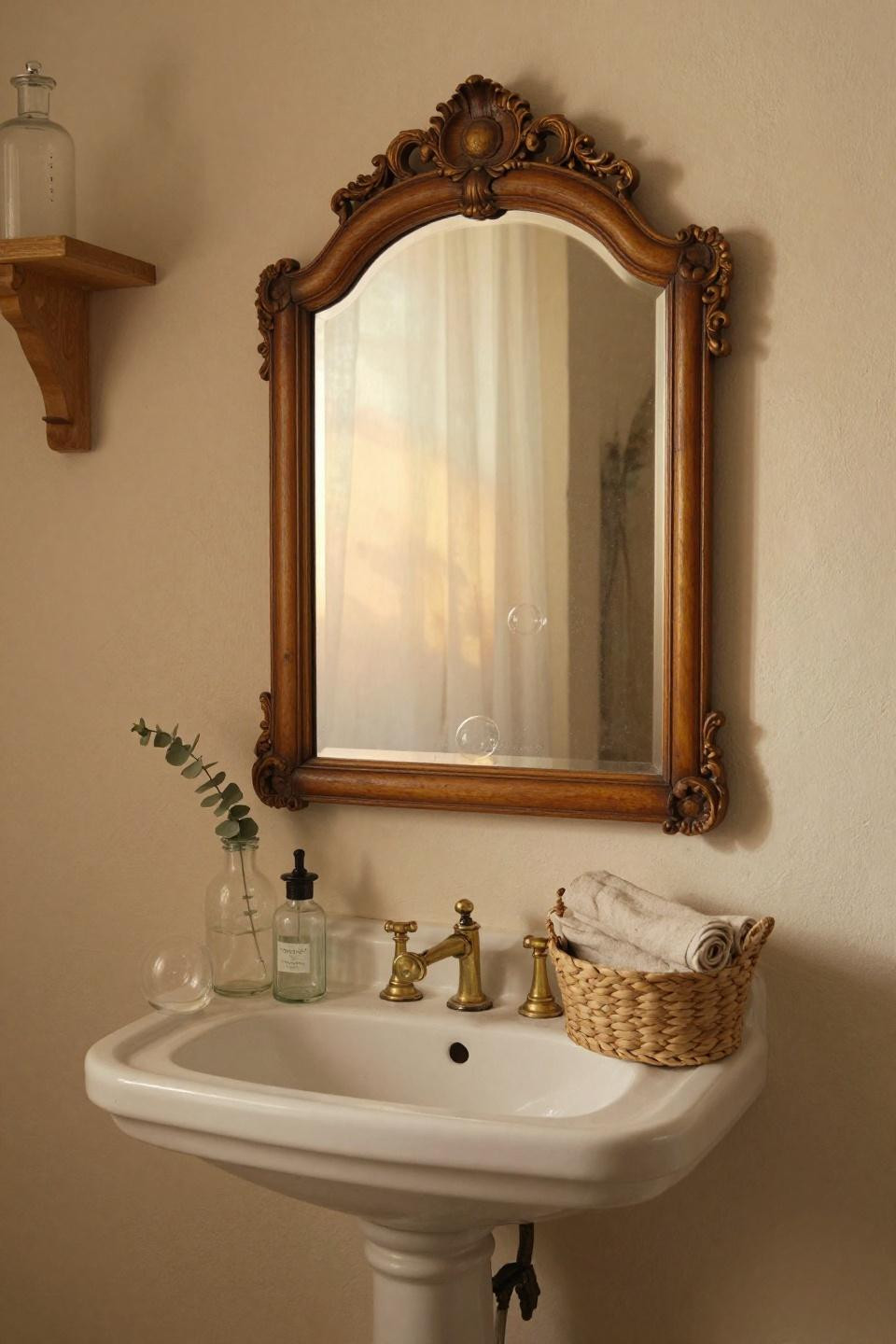 Bathroom mirror lighting with ornate gilded wooden frame in cottage alcove