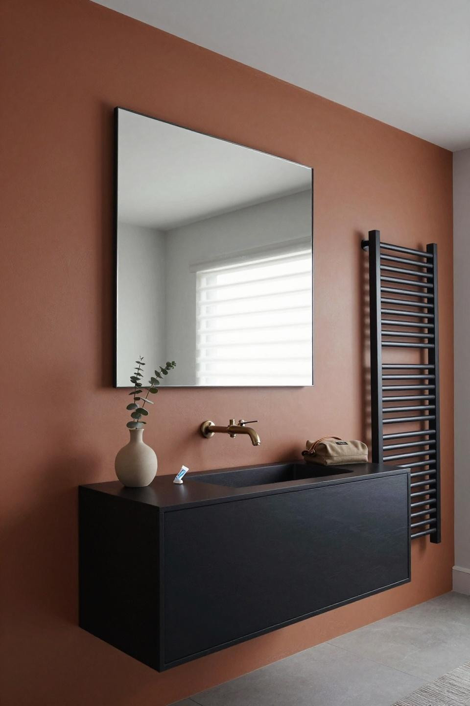 Modern bathroom mirror frameless beveled-edge on warm terracotta textured wall