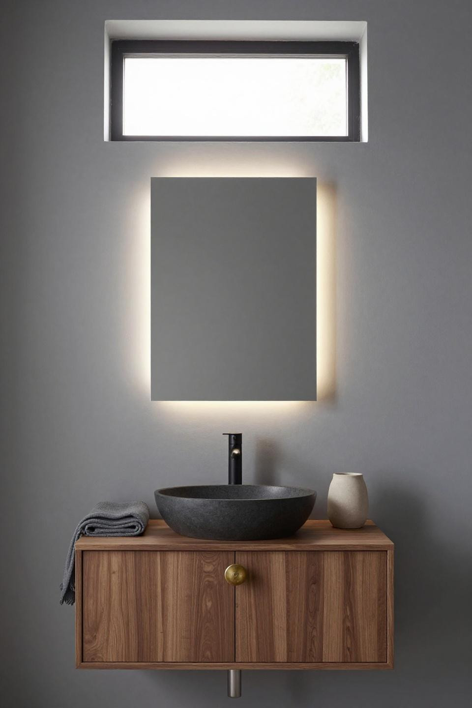 Bathroom mirror design with custom walnut cabinet and recessed LED halo glow