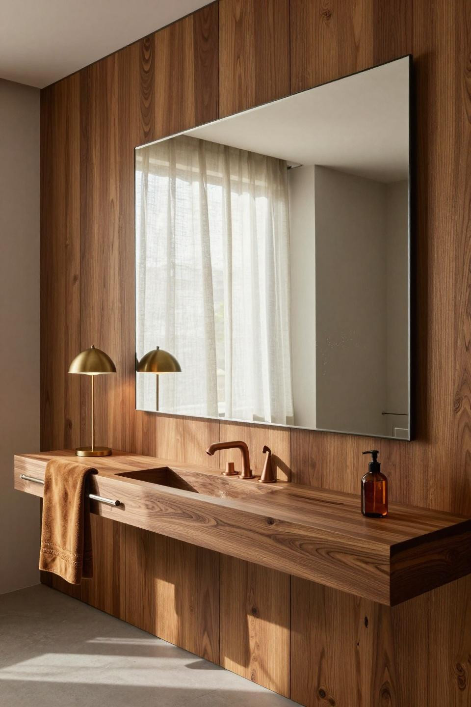 Bath mirror frameless design on warm honey oak vertical paneling