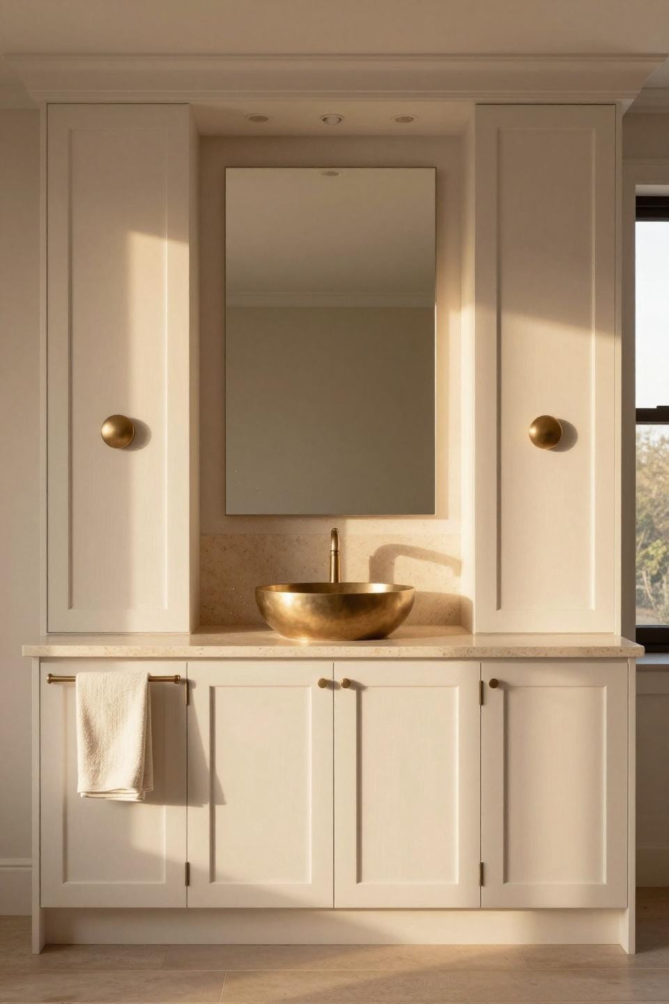 Beige bathroom with full-wall recessed mirror system and bronze sconce lights