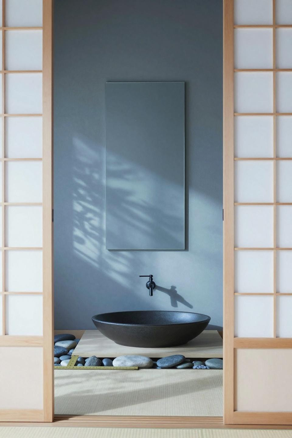 Mirror in bathroom ideas with Japanese shoji-grid whitewashed oak frame