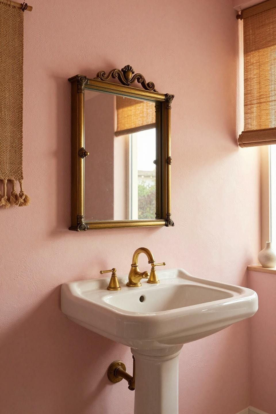 Bathroom mirror decor with antiqued mercury glass medicine cabinet on pink stucco