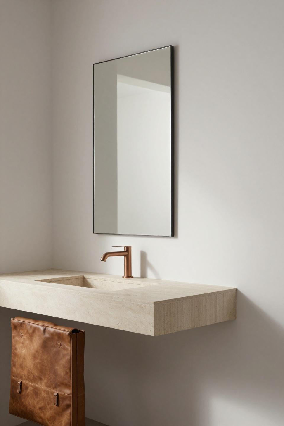 Modern bathroom design with frameless floor-to-ceiling mirror on white plaster wall
