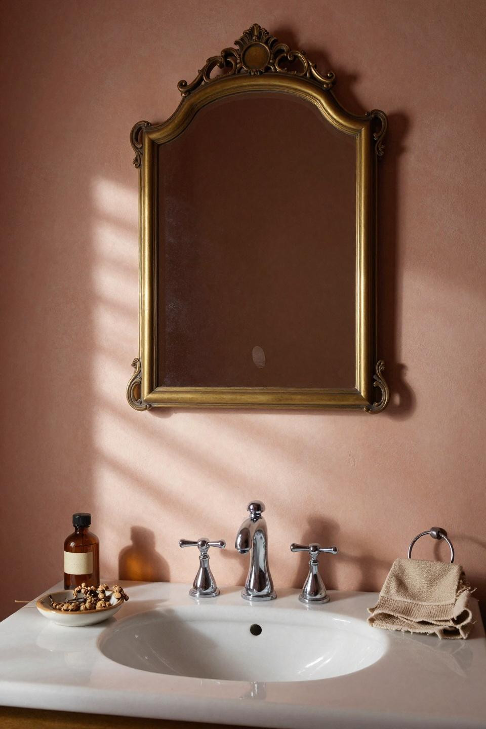 Guest toilet with ornate brass convex bathroom mirror on blush plaster wall