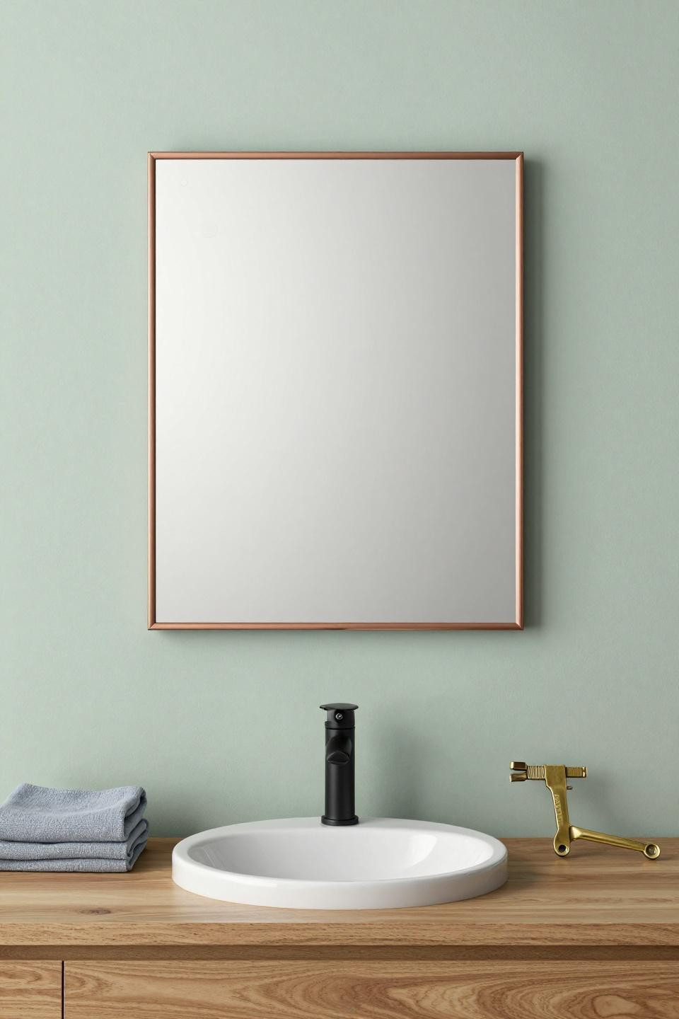 Small bathroom mirror with burnished copper frame on sage green wall