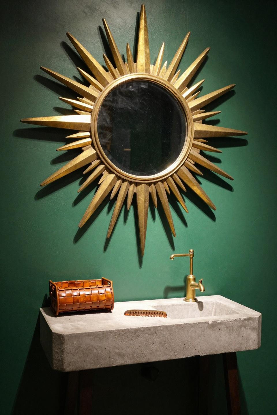 Bathroom mirror lighting with vintage Art Deco sunburst brass mirror on forest green wall