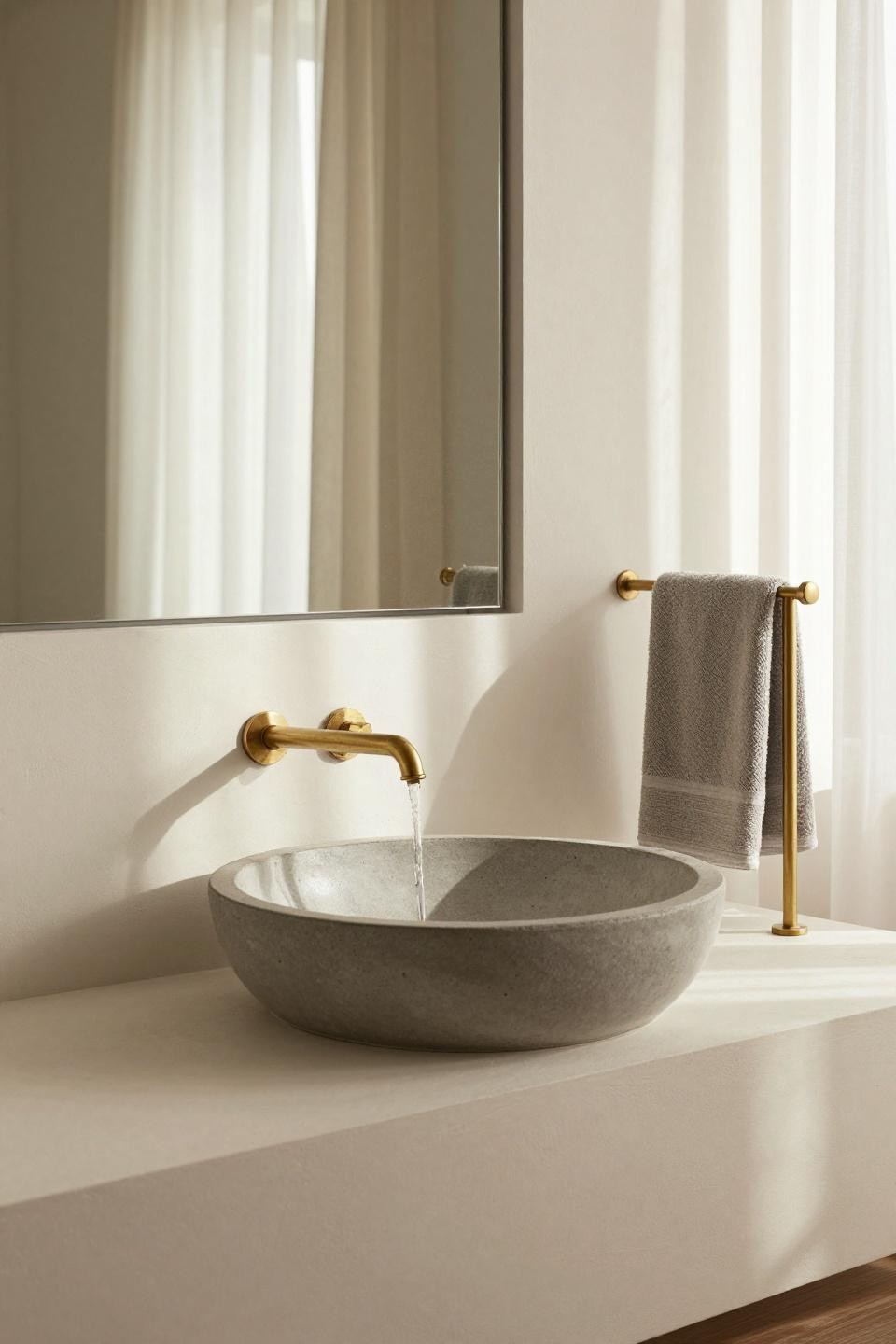 Floating walnut vanity with waterfall edge and sculptural brass faucet above concrete vessel bowl