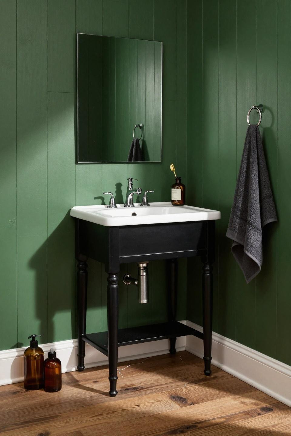 Compact pedestal vanity with blackened steel frame and white ceramic basin in narrow ensuite