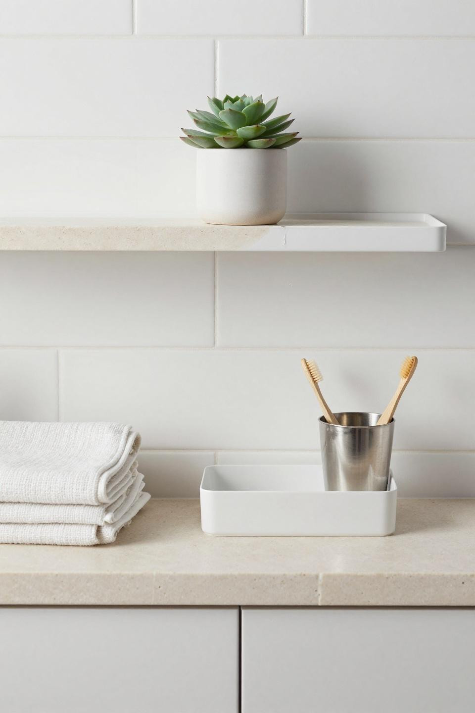 Minimalist wall-mounted pale limestone vanity with integrated white powder-coated steel shelving