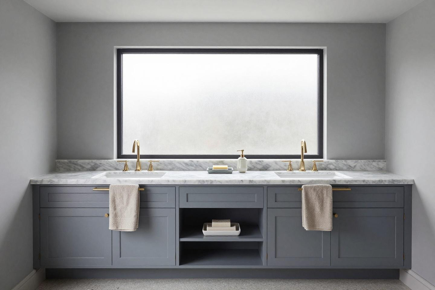 Luxurious standalone marble-topped vanity with double vessel sinks in soft grey-blue shaker cabinetry