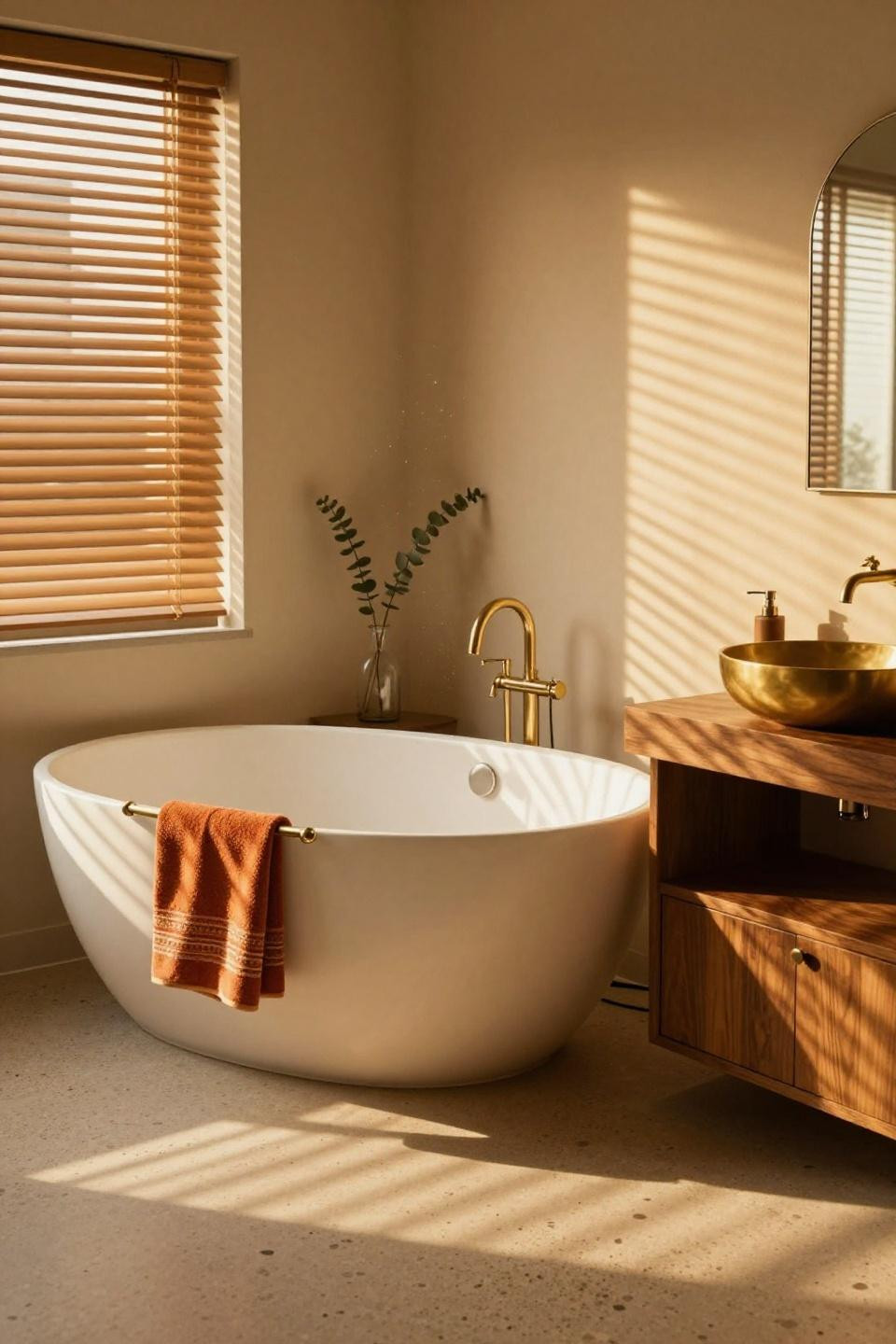 Freestanding white oval soaking tub beside recessed walnut vanity with unlacquered brass vessel sink