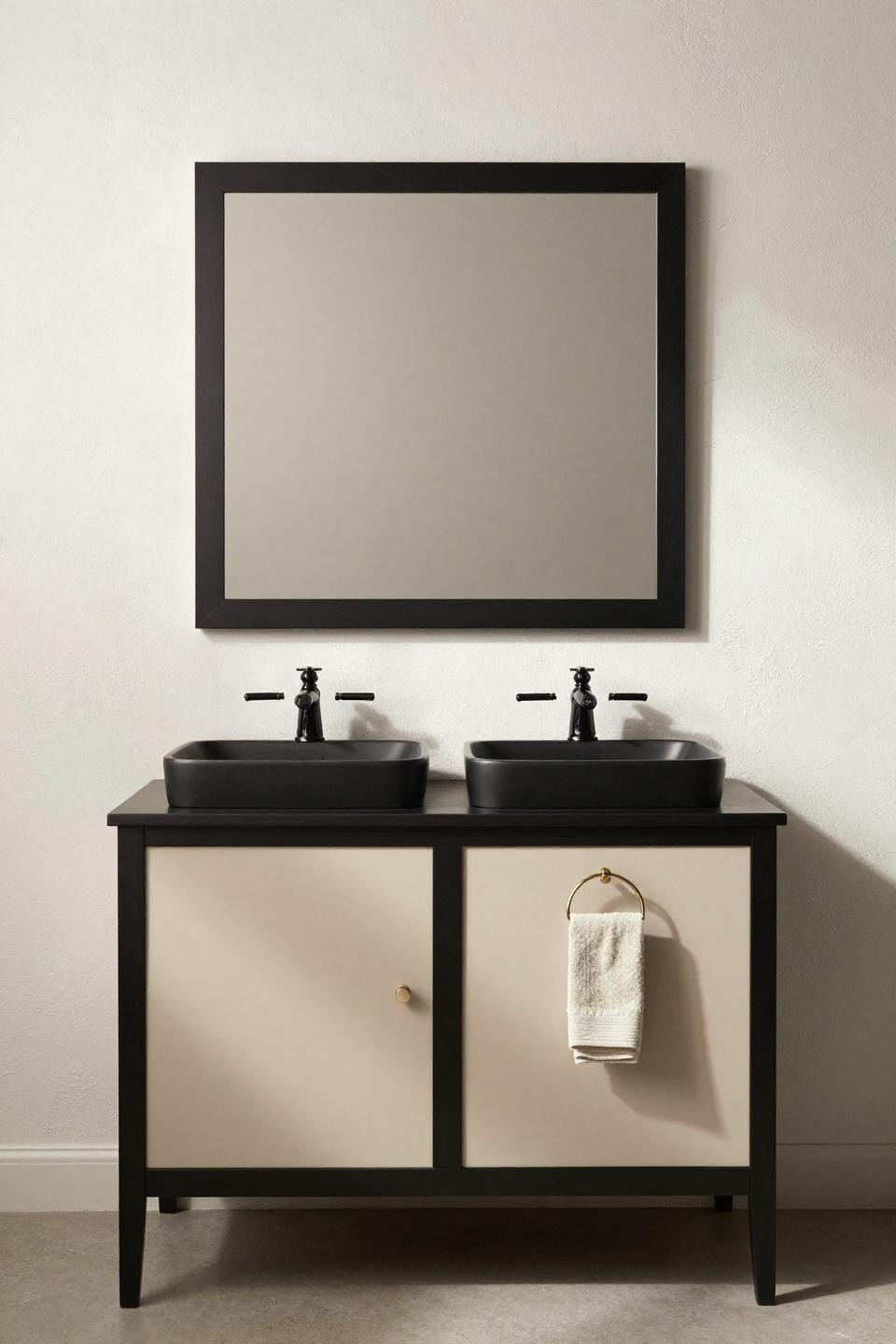 Symmetrical black-framed medicine cabinet with integrated dual-sink vanity and matte black vessel sinks