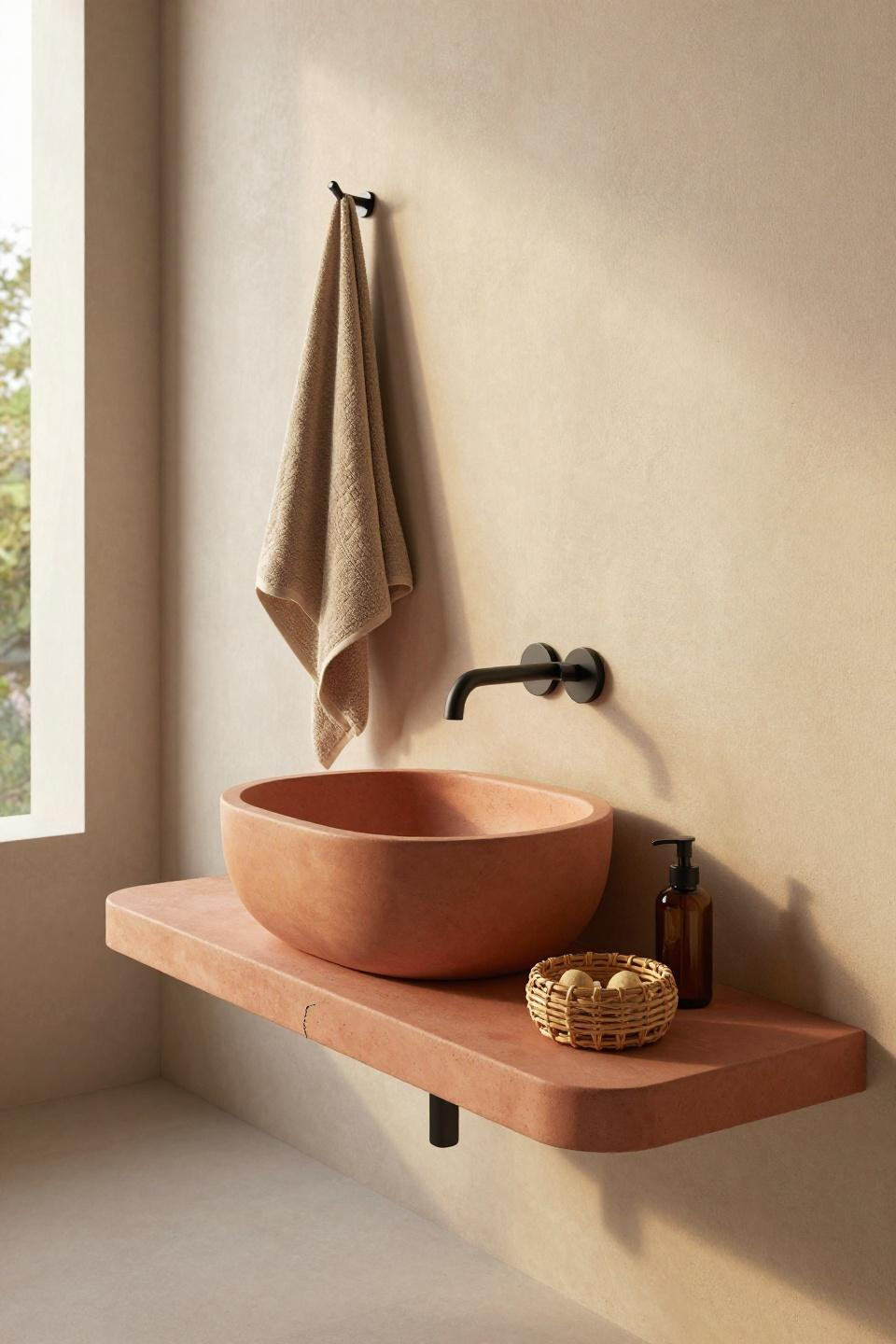 Sculptural concrete bathroom vanity with asymmetrical shelving and warm terracotta vessel sink