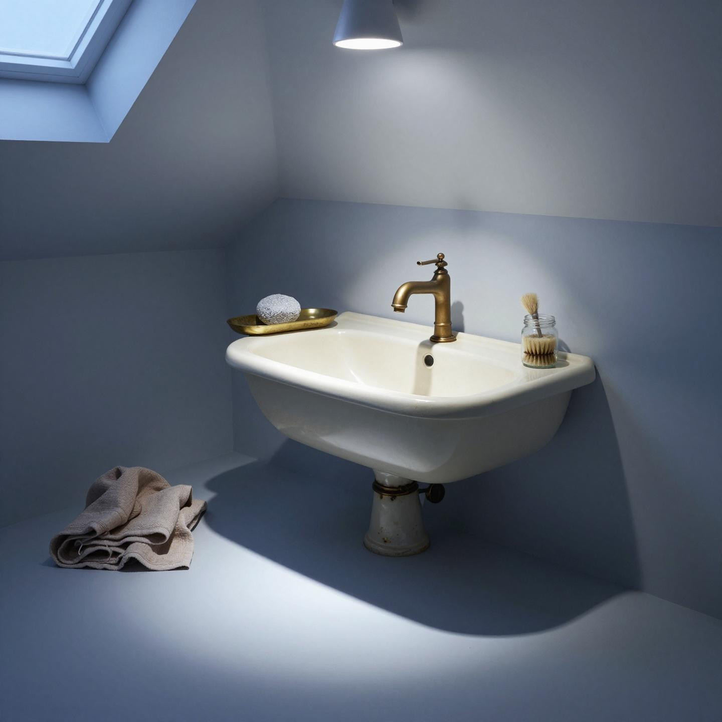 Ultra-compact corner pedestal vanity with vintage cream enameled steel basin under sloped attic ceiling
