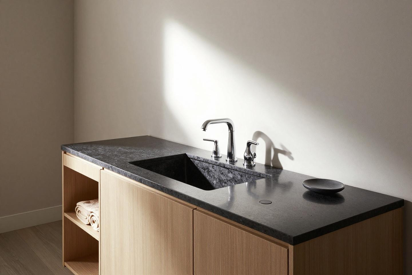 Diagonal recessed vanity with honed black granite countertop and polished chrome dual swan-neck faucets