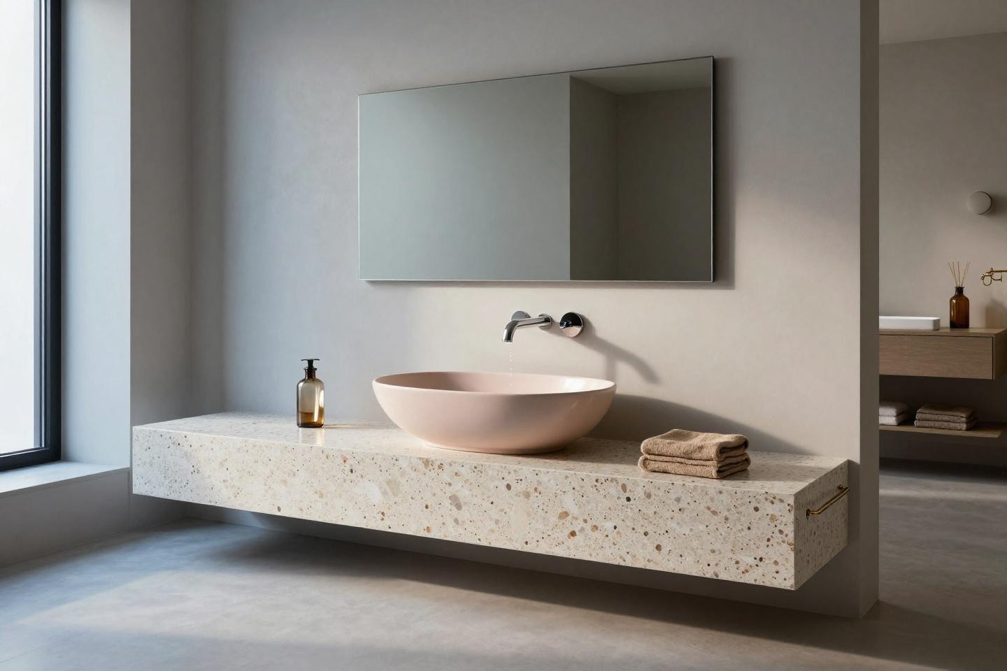 Statement coral terrazzo floating vanity with sculptural blush ceramic vessel sink and chrome faucet