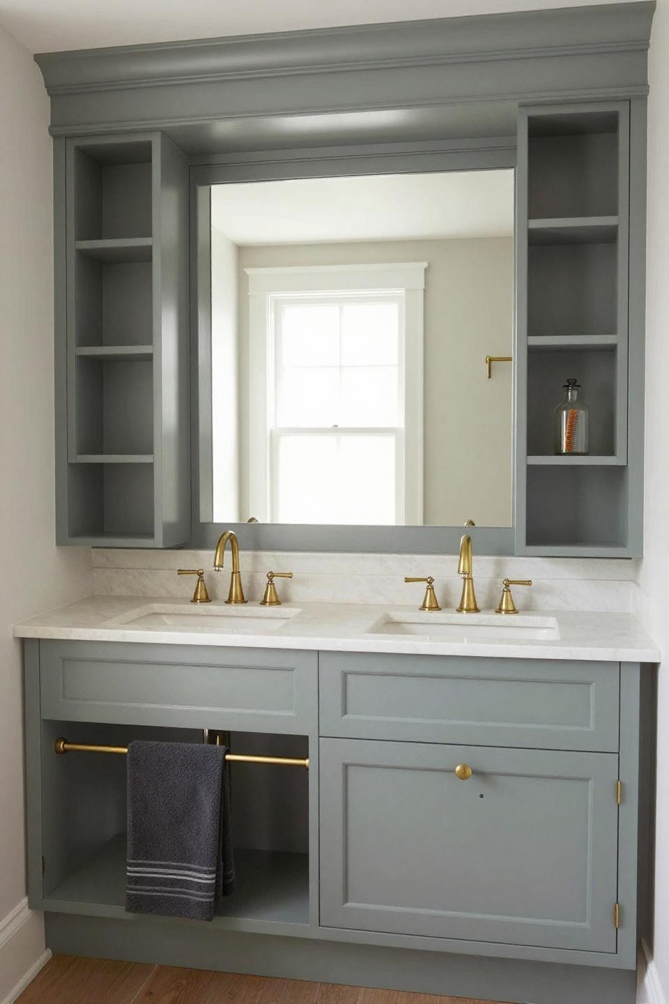 Custom built-in double vanity spanning full wall in soft grey-green with integrated mirror cabinets