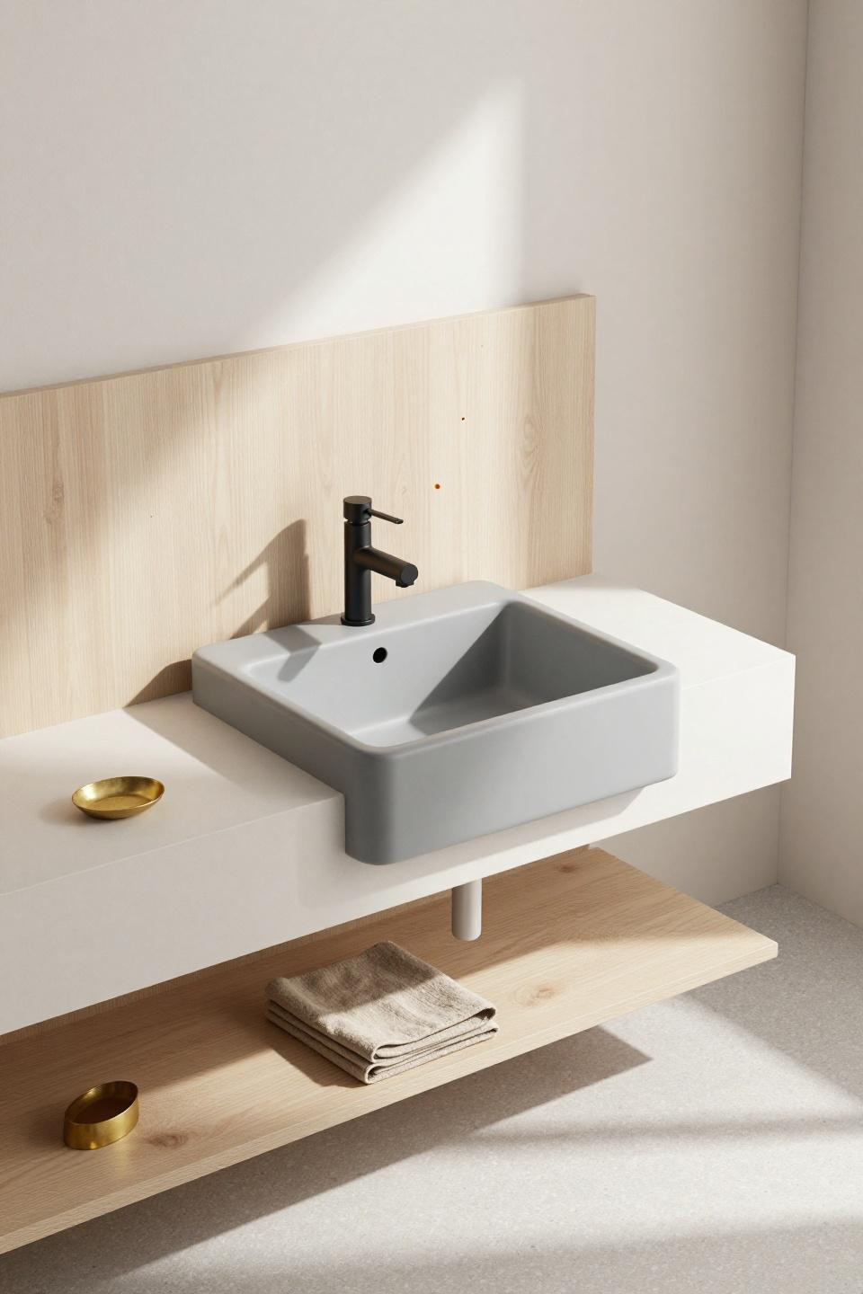 Minimalist whitewashed oak floating vanity with integrated shelving and matte black geometric faucet
