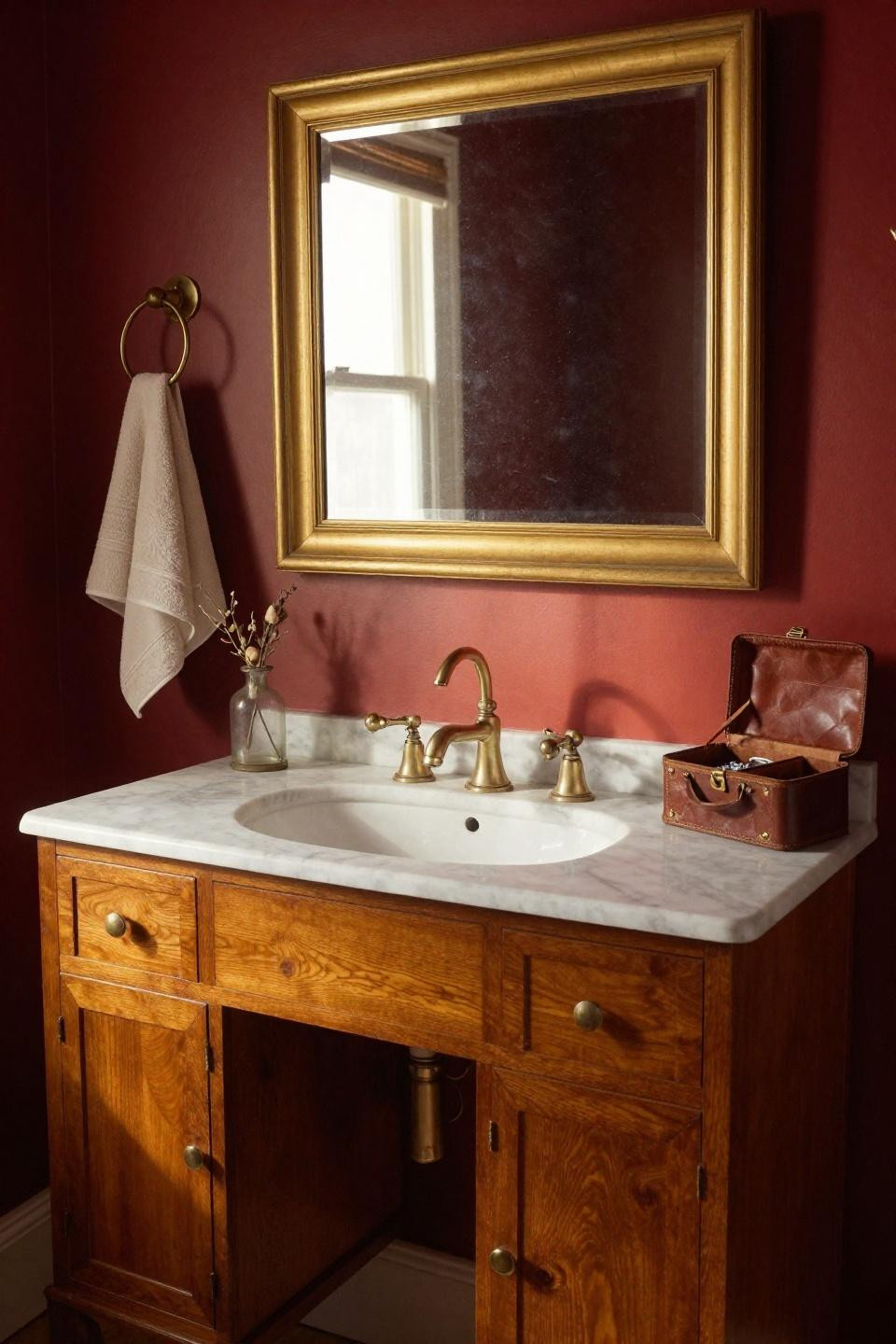 Freestanding vintage mahogany vanity with dual ceramic pedestal sinks and oil-rubbed bronze faucets