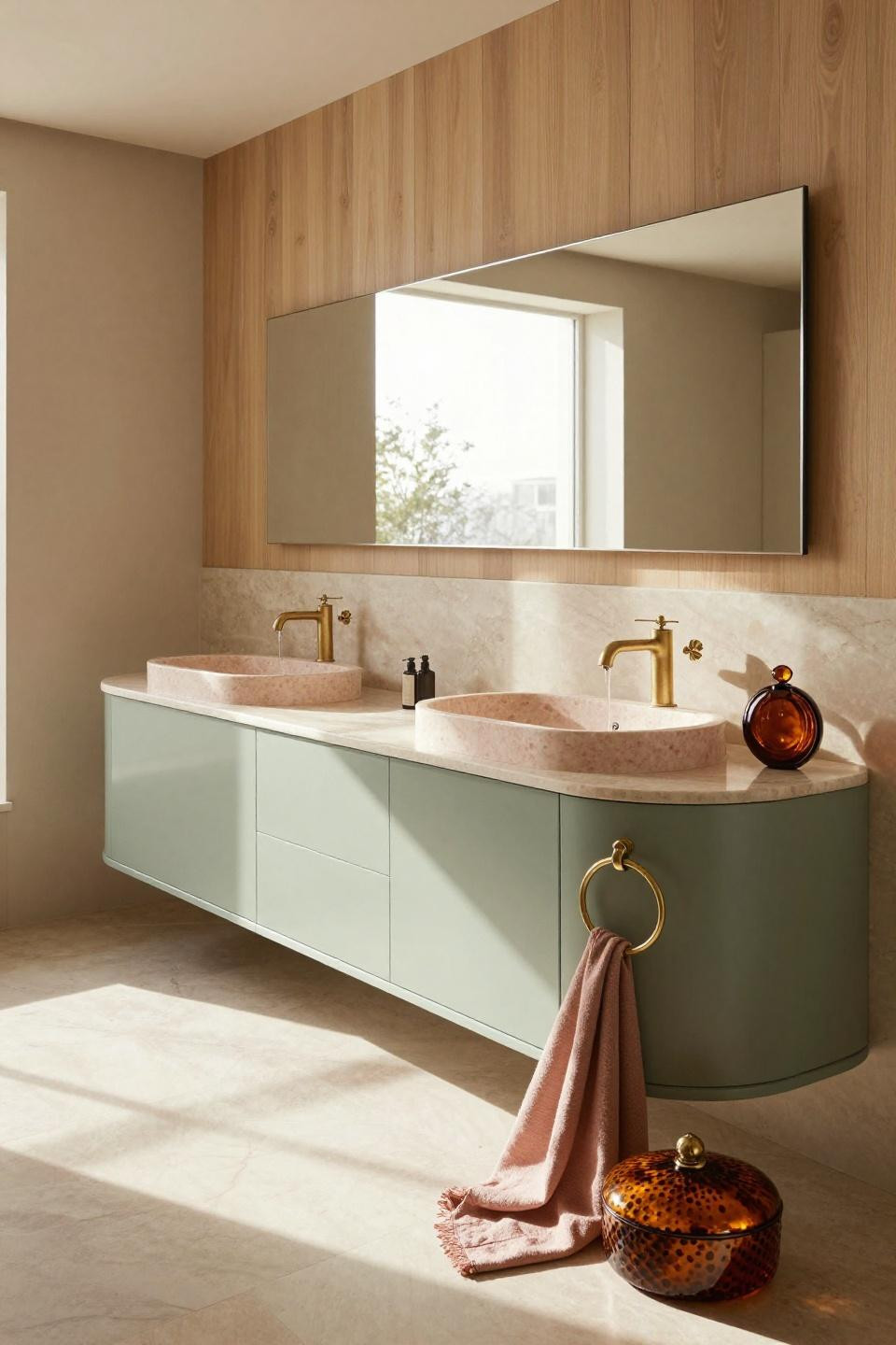 Luxury Italian marble waterfall vanity with curved sage-green cabinets and pink travertine vessel sinks