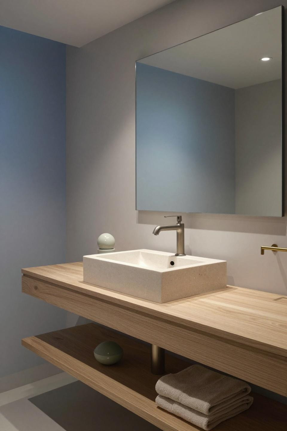 Minimalist pale oak floating vanity with honed limestone sink and matte gunmetal faucet