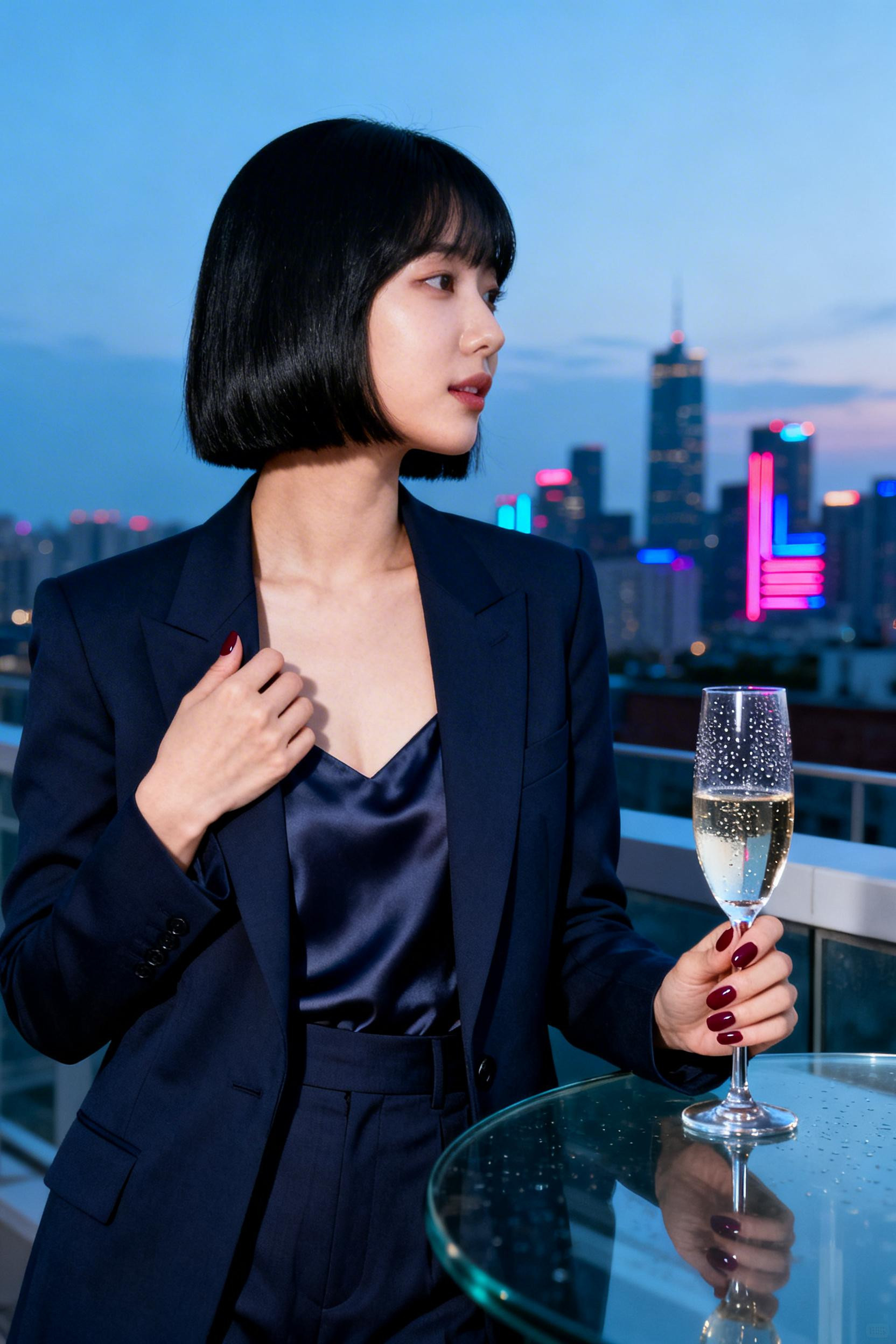 Company Dinner Outfit - navy blazer rooftop