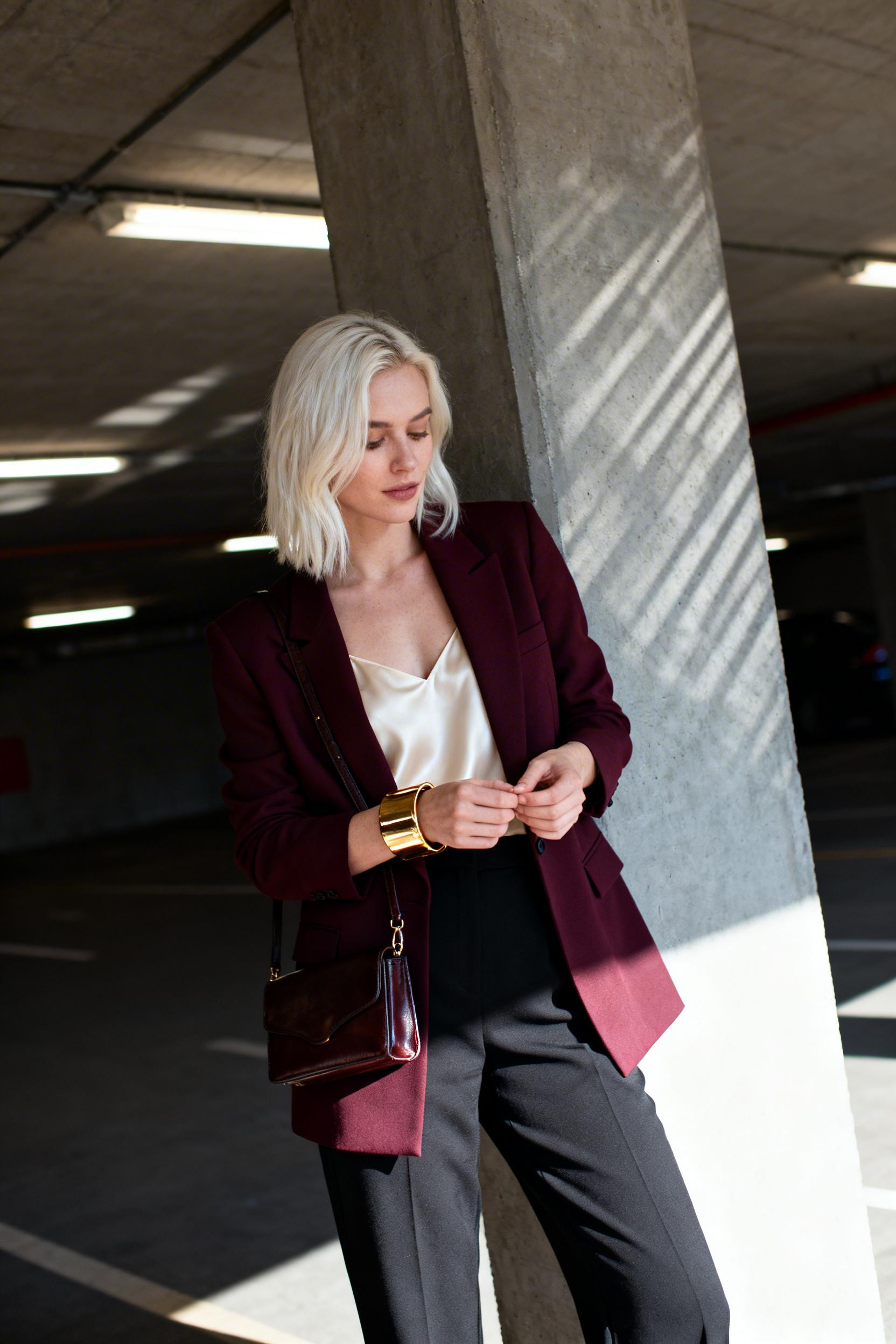 Corporate Dinner Outfit Night - burgundy blazer black trousers