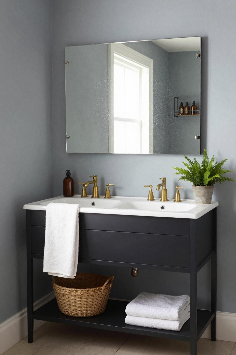 2 sink bathroom vanity with matte black frame and white basins