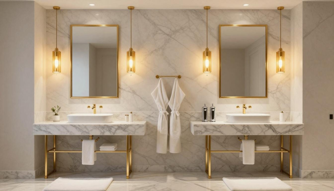 Double sink bathroom vanity master baths in white marble with twin mirrors
