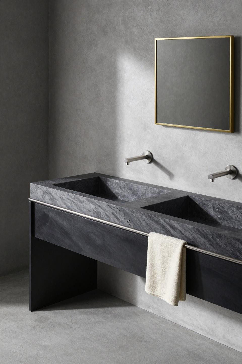 Dual sink bathroom vanity with blackened steel frame and stone countertop