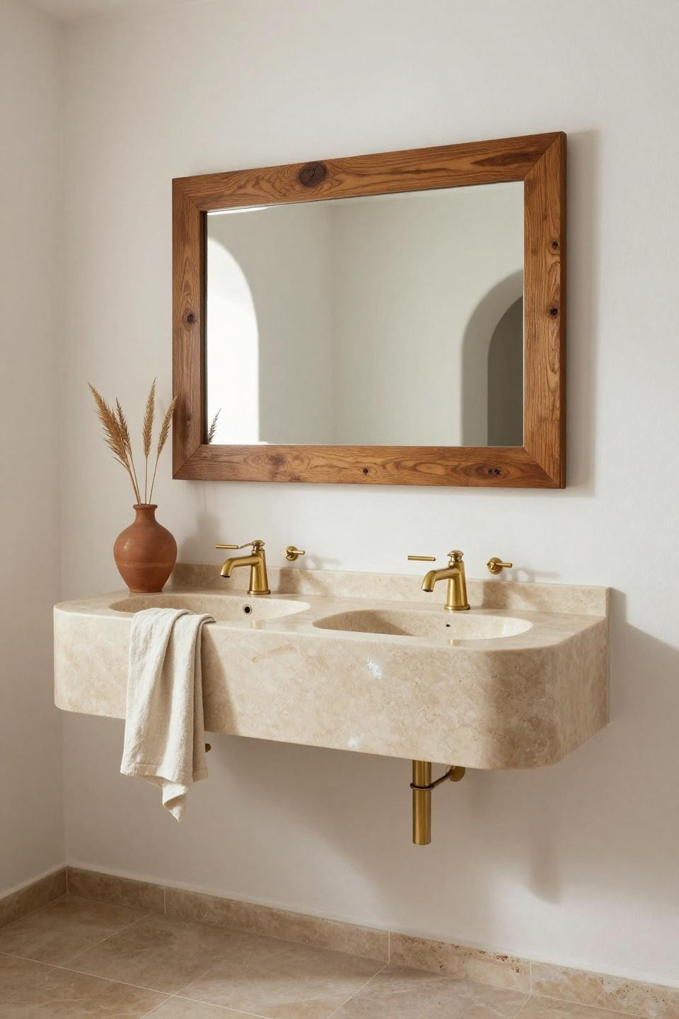 Dual vanity bathroom ideas in pale travertine with curved edges