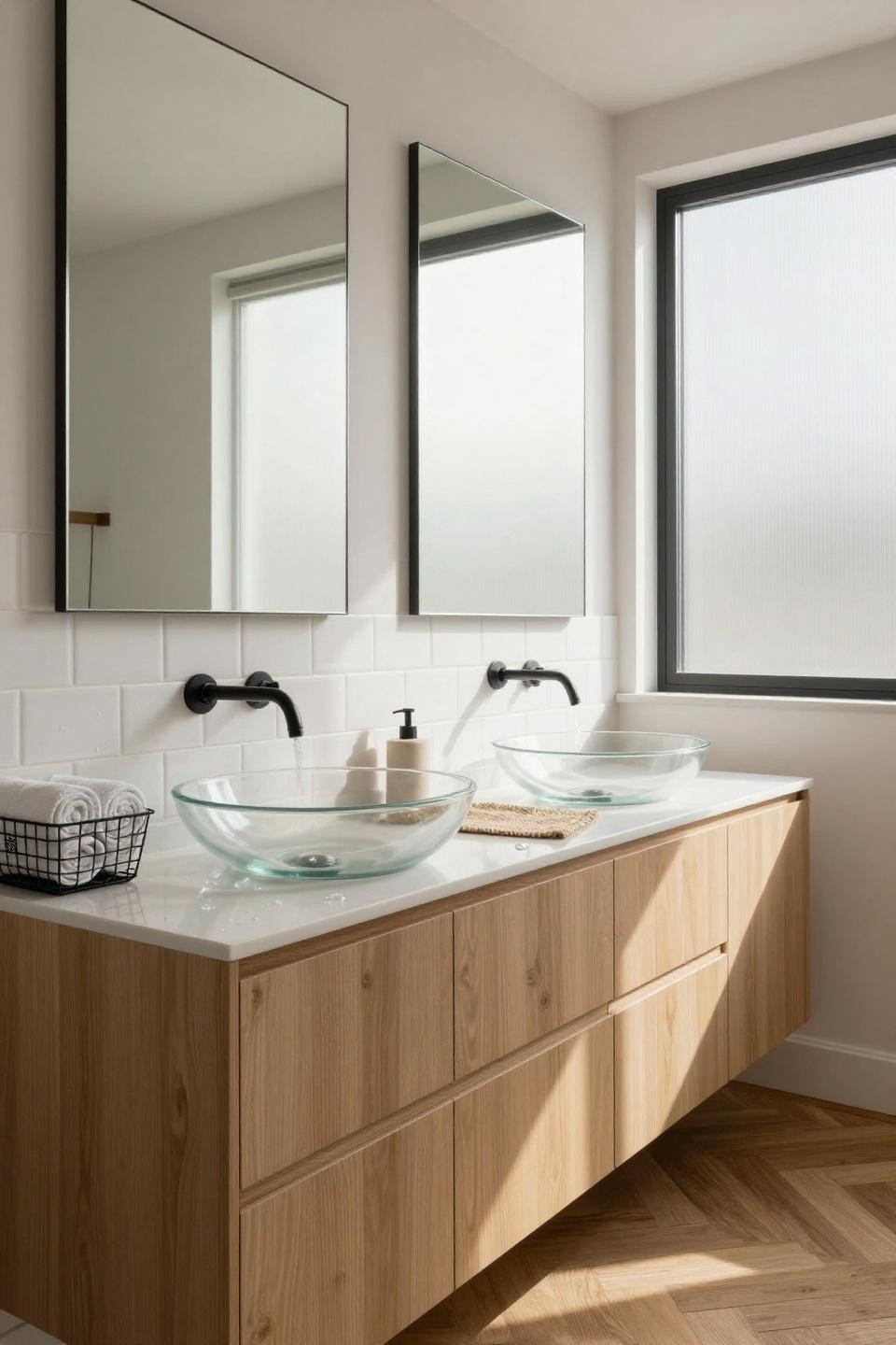2 sink bathroom vanity with oak cabinet and glass vessel sinks
