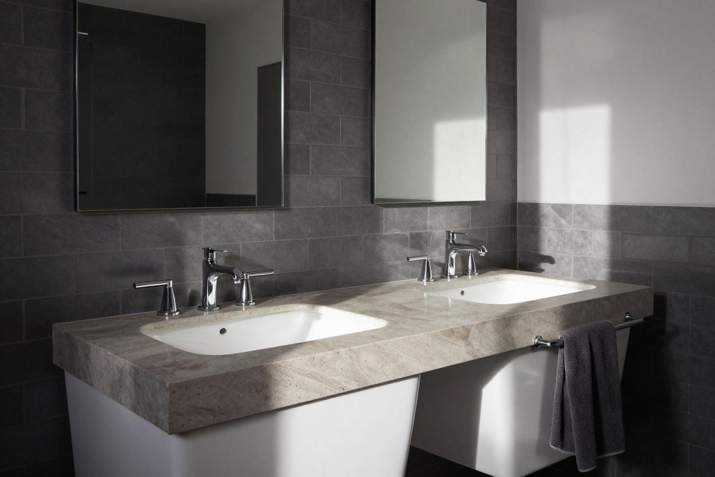 Two sink vanity ideas with floating white base and wood countertop