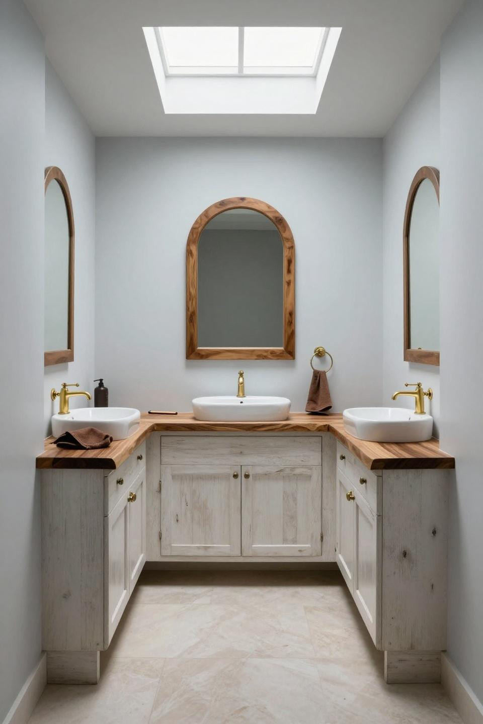 Two sink bathroom ideas with reclaimed wood and live-edge countertop