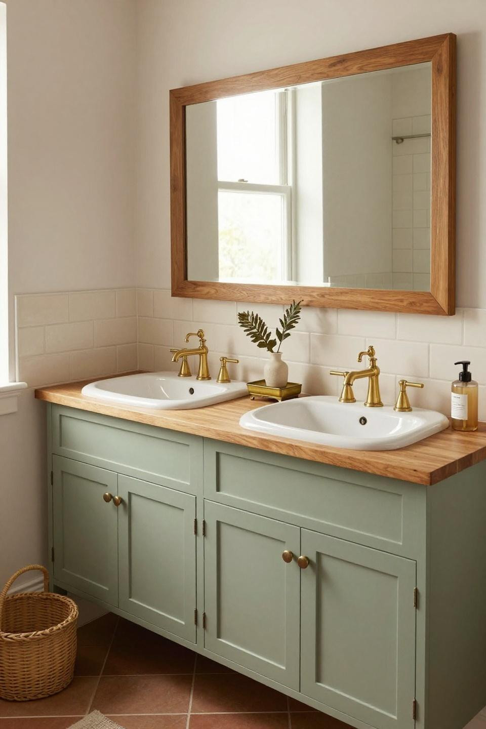 Double mirror bathroom vanity in sage green with wooden frame