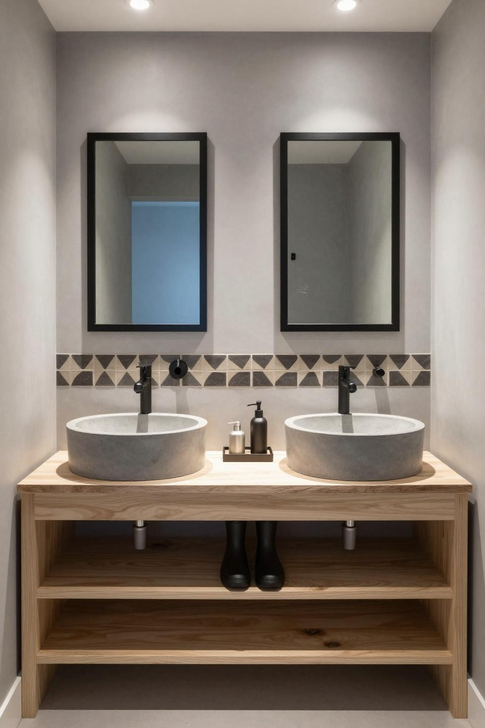 Small double vanity bathroom with ash plywood and concrete sinks
