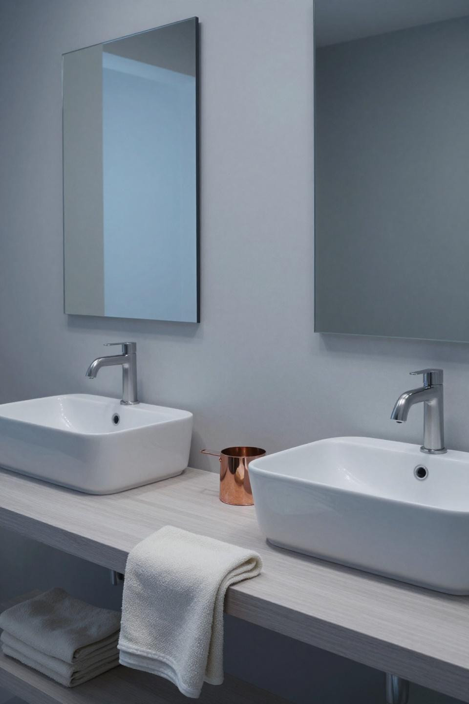 Large bathroom vanity in pale ash plywood with rectangular vessel sinks